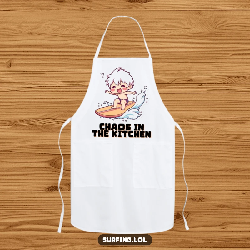 Funny Apron: A smiling character wipes out spectacularly on a surfboard, ideal for messy kitchen fun.