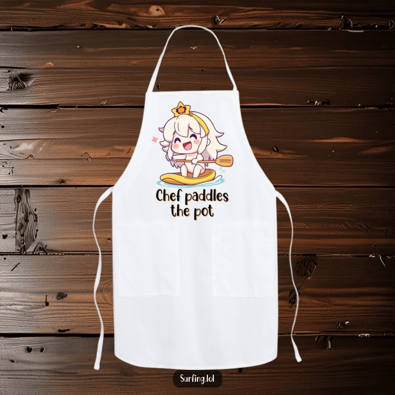 Funny character wearing an apron, paddling a small boat with a big smile, kitchen gift.