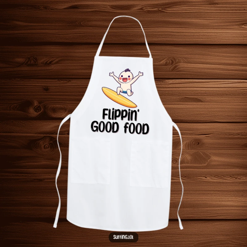 Funny apron with a tiny character joyfully leaping off a surfboard mid-air, embodying the spirit of extreme surfing.