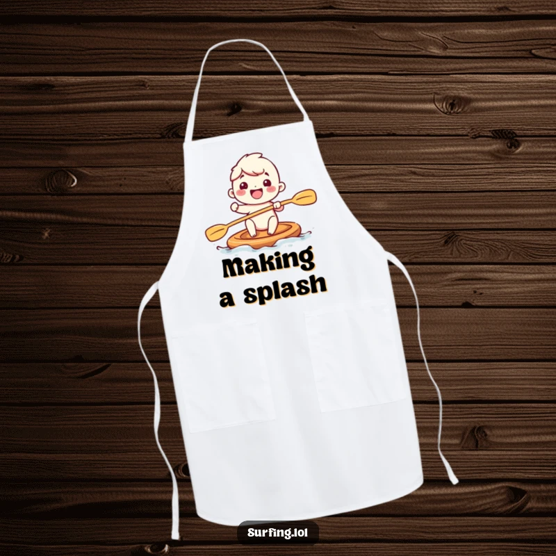 Funny apron print of an adorable character paddling with huge, cheerful strokes, bringing a sense of fun and excitement to the kitchen.