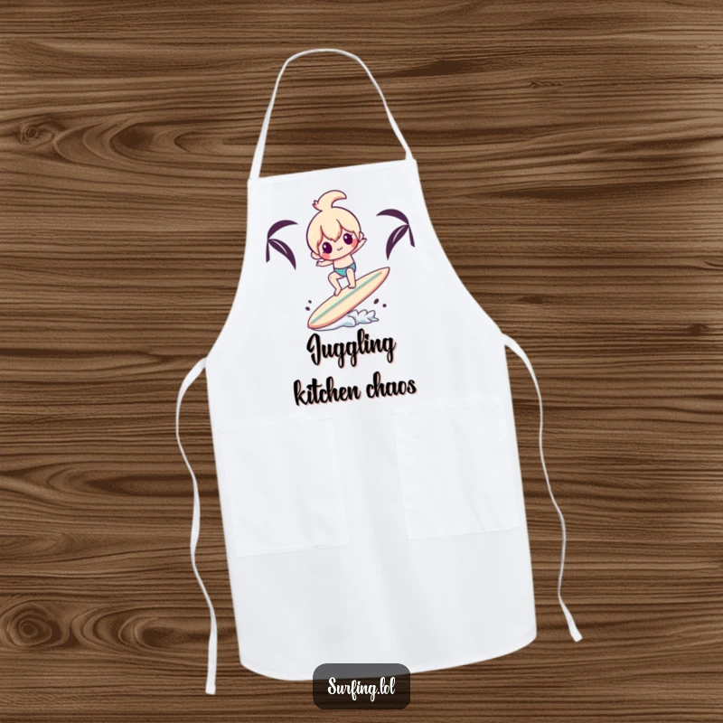 Funny apron depicting a character attempting to balance on a surfboard with another surfboard, bringing surf-themed humor to the kitchen.