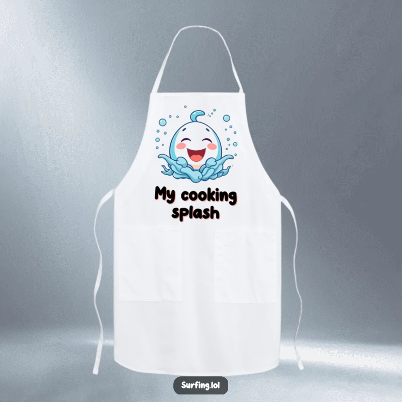 Funny apron with a bubbly icon laughing amidst playful sea spray, perfect for adding funny kitchen cheer.