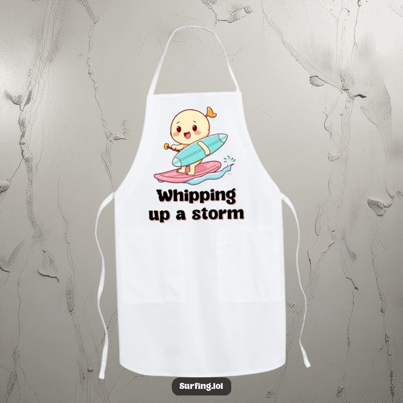 Funny apron depicting a cheerful character ready to cook, tiny surfboard under arm, bringing a splash of beachy fun to the kitchen.