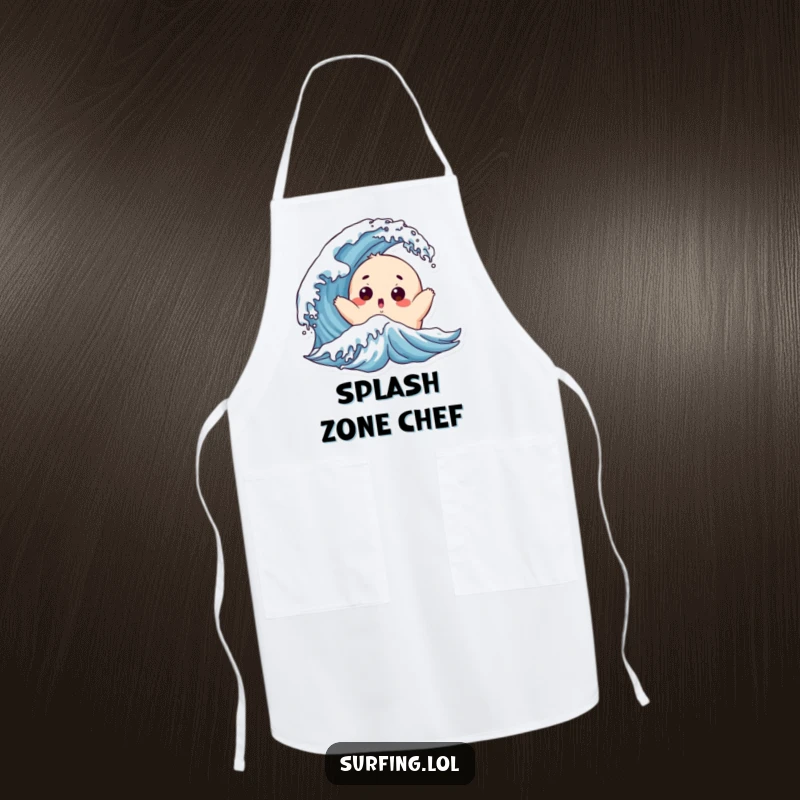 Funny Chubby Surfer Apron: A chubby character with a surprised face is playfully tossed by a wave, ready for kitchen fun.