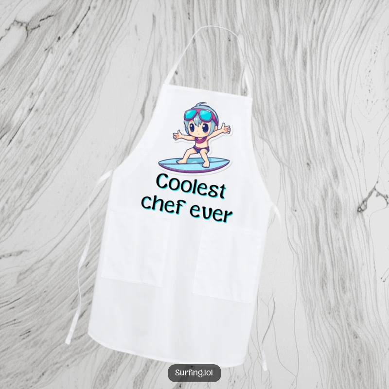 Funny Apron: A character strikes a cool pose on a surfboard, perfect for adding style to kitchen duties.
