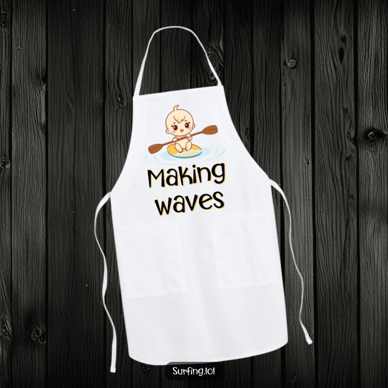 Funny apron print of a cute character enthusiastically paddling through calm water with a determined look, ideal for kitchen adventures.