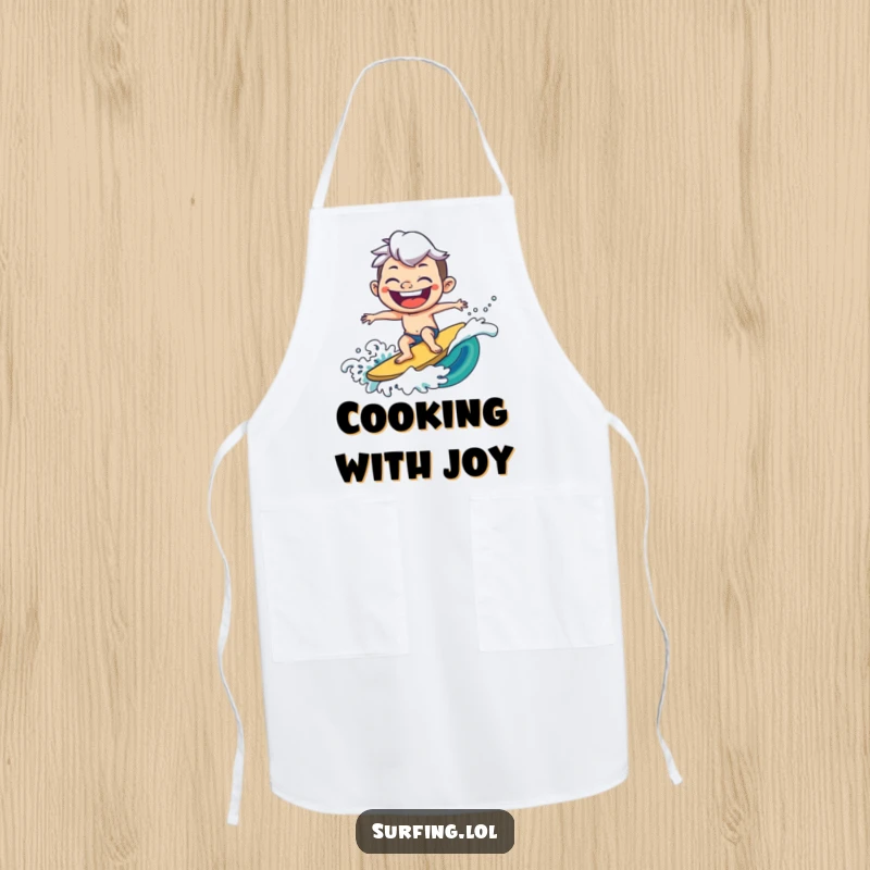 Funny apron depicting a joyful character surfing a wave with a goofy grin, bringing cheerful, surf-themed humor to the kitchen.