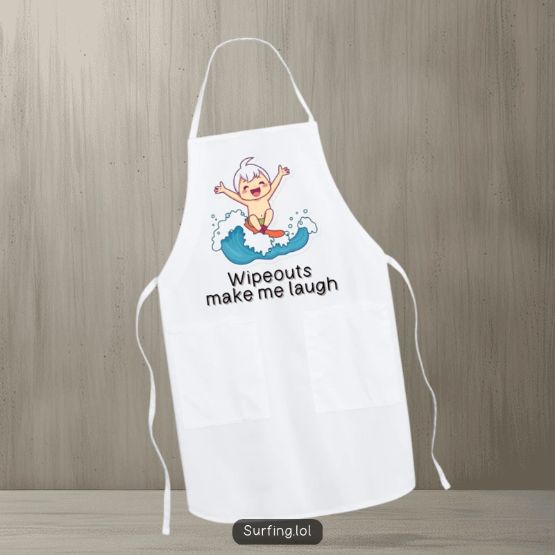 Funny Apron: A happy character surfs a wave with arms wide, perfect for kitchen fun and protecting clothes.
