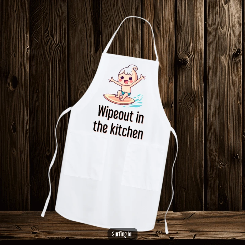 Funny kawaii character gleefully riding a surfboard with arms outstretched on an apron, ready for kitchen fun, a funny gift.