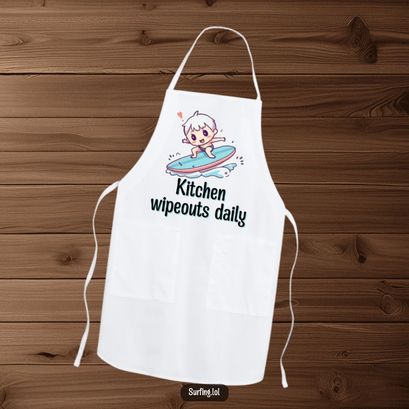 Funny apron illustrating a small character comically tripping while trying to surf, a humorous kitchen or beach accessory.