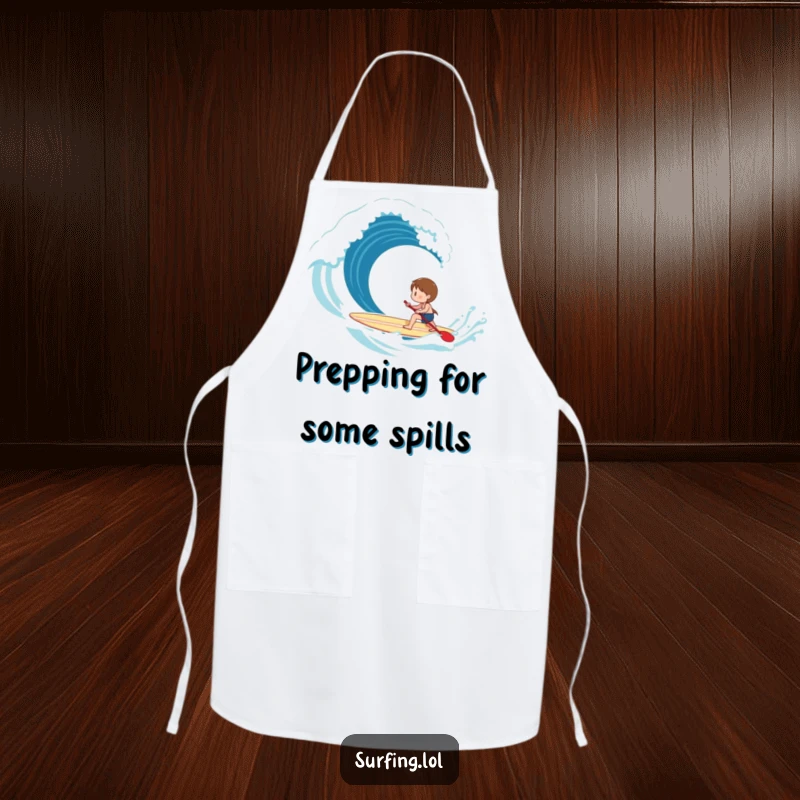 Funny Apron: A happy character paddles a surfboard towards a breaking wave, symbolizing the pursuit of culinary excellence.