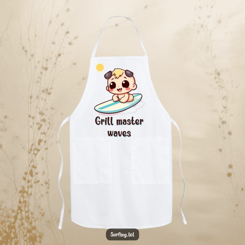 Funny apron featuring a character sunbathing on a surfboard, perfect for BBQs and bringing beach vibes indoors.