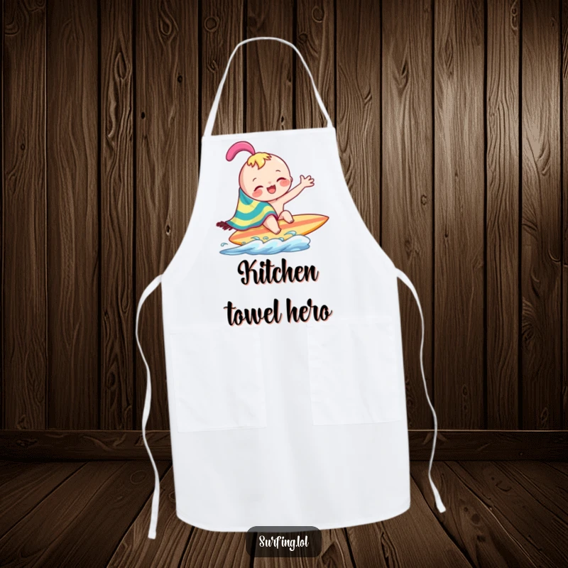 Funny joyful character playfully wiping across surfboard with a colorful towel on an apron, bringing beachy fun to the kitchen, a funny gift.