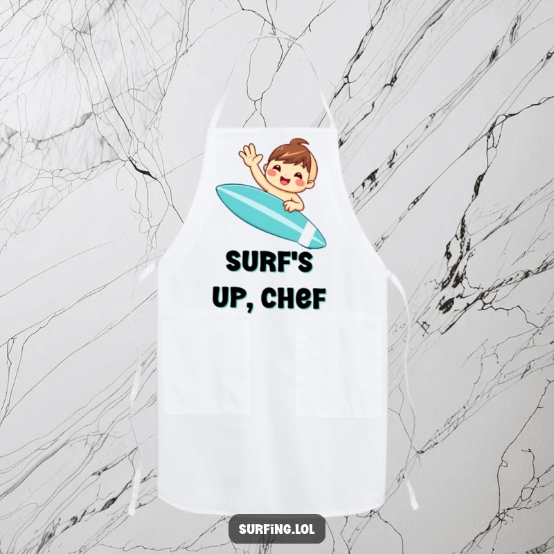 Funny apron featuring a cute, smiling character waving from a surfboard, ideal for adding humor and beach vibes to cooking and baking.