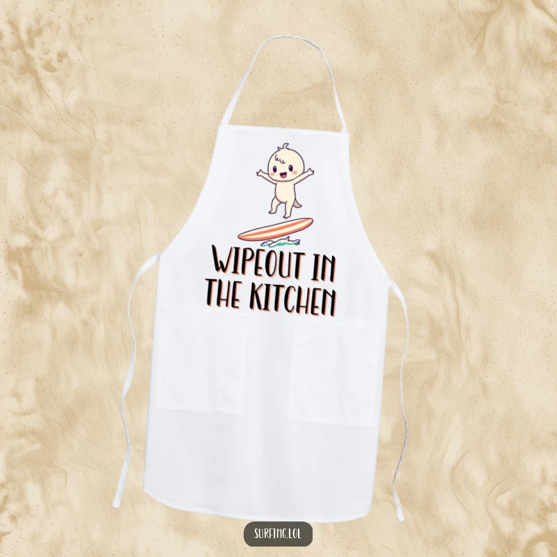 Funny Surfer Character Apron: A cute character balances on a surfboard, arms wide, ready for kitchen waves.
