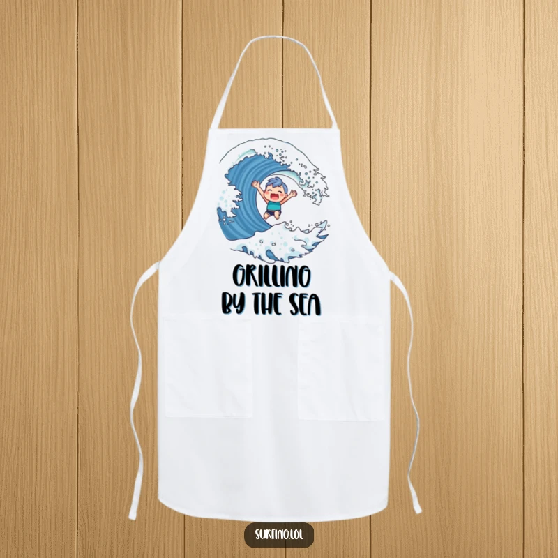 Funny Apron with a cute character sporting a triumphant grin while riding a giant wave, designed for kitchen fun.