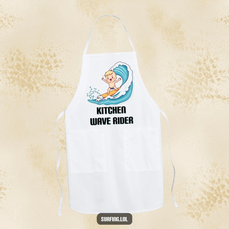 Funny apron with a charming figure doing a playful dance after successfully catching an ocean wave.