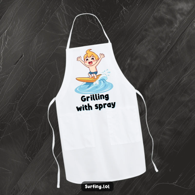 Funny apron depicting a joyful surfer shouting as they pop out of the water on a surfboard, perfect for kitchen adventures.