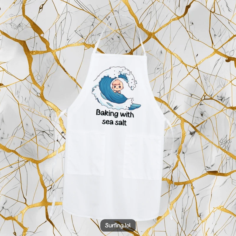 Funny apron showing a tiny character with curious excitement peeking from a large wave, perfect for a playful chef.