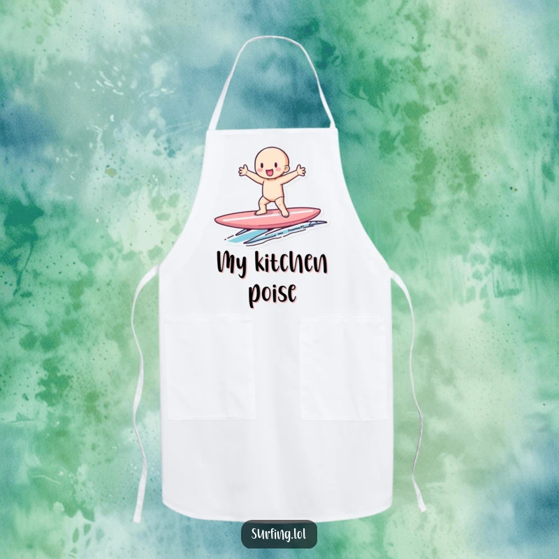 Funny apron with a tiny figure gleefully balancing on a surfboard, perfect for adding funny surf charm to cooking.