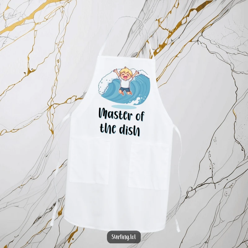 Funny apron showing a chef in a triumphant pose catching a wave, blending kitchen fun with the spirit of surfing success.