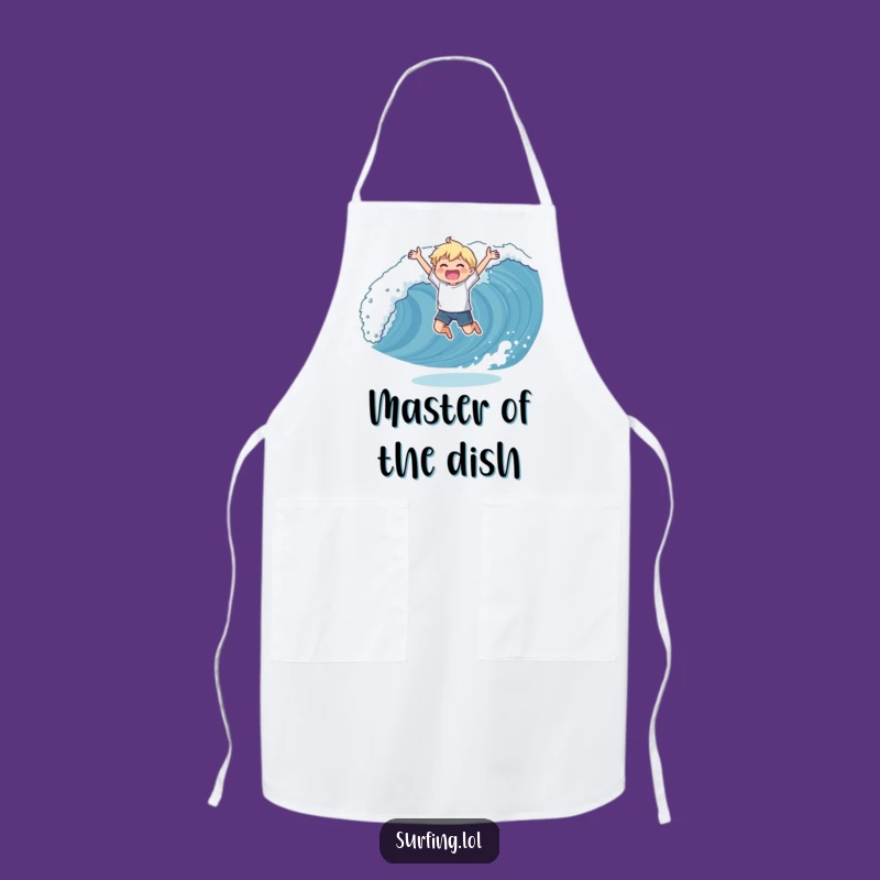 Funny Wave Catching Apron: Chef's Triumphant Pose in the Kitchen