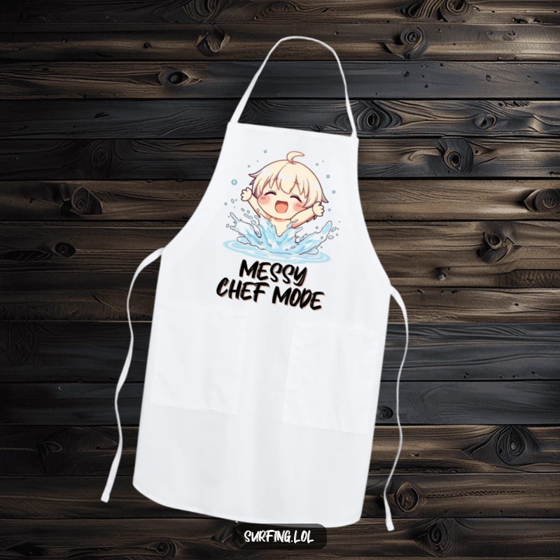 Funny apron with a character joyfully wiping out on a surfboard, water splashing everywhere, for the playful cook.