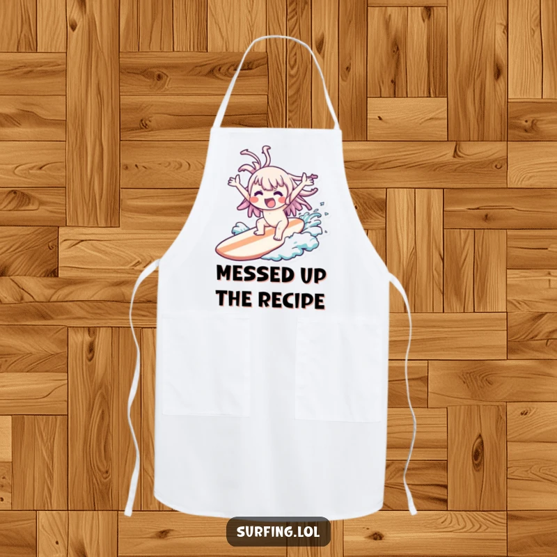 Funny Wipeout Kawaii Apron: Cute character comically wiped out on a surfboard, arms flailing joyfully, perfect funny gift.