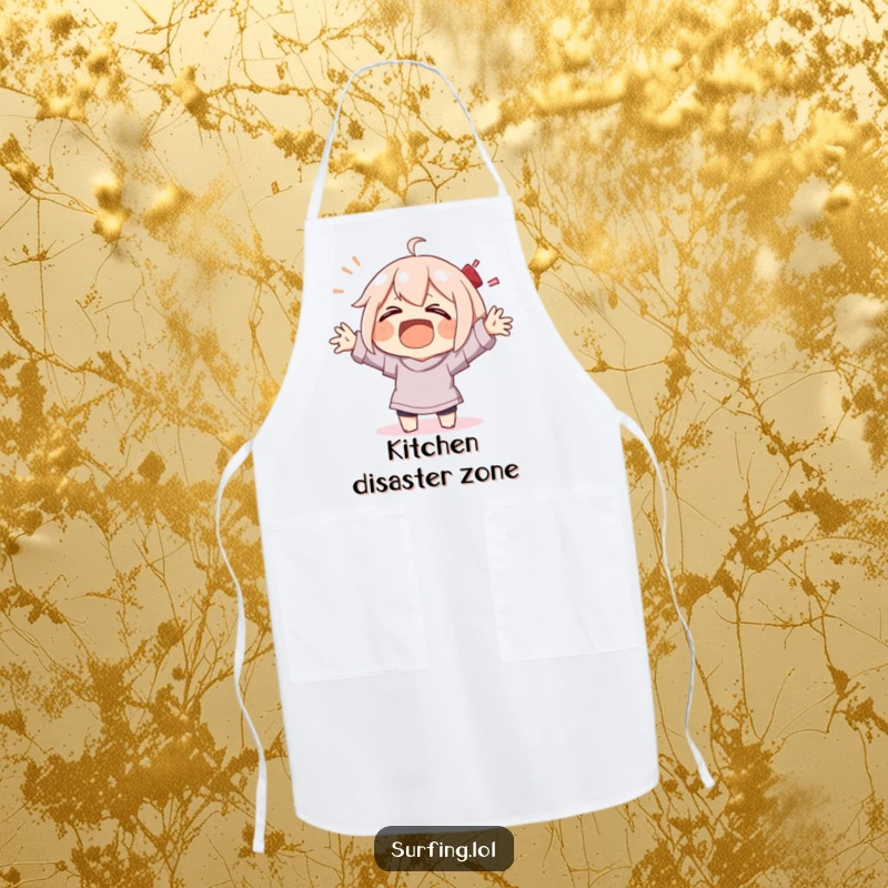 Funny character wearing an apron, laughing during a wipeout with flailing arms, kitchen gift.