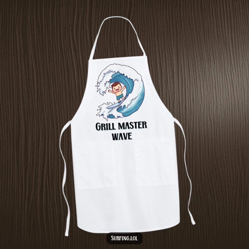 Funny Apron: Character joyfully surfing a massive wave adorned with a smiley face, adding humor to cooking and beach parties.