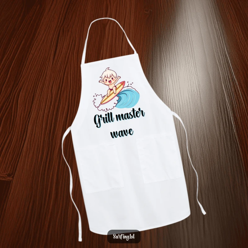 Funny apron with a cute character enthusiastically riding a wave on a surfboard, bringing beach vibes to the kitchen.