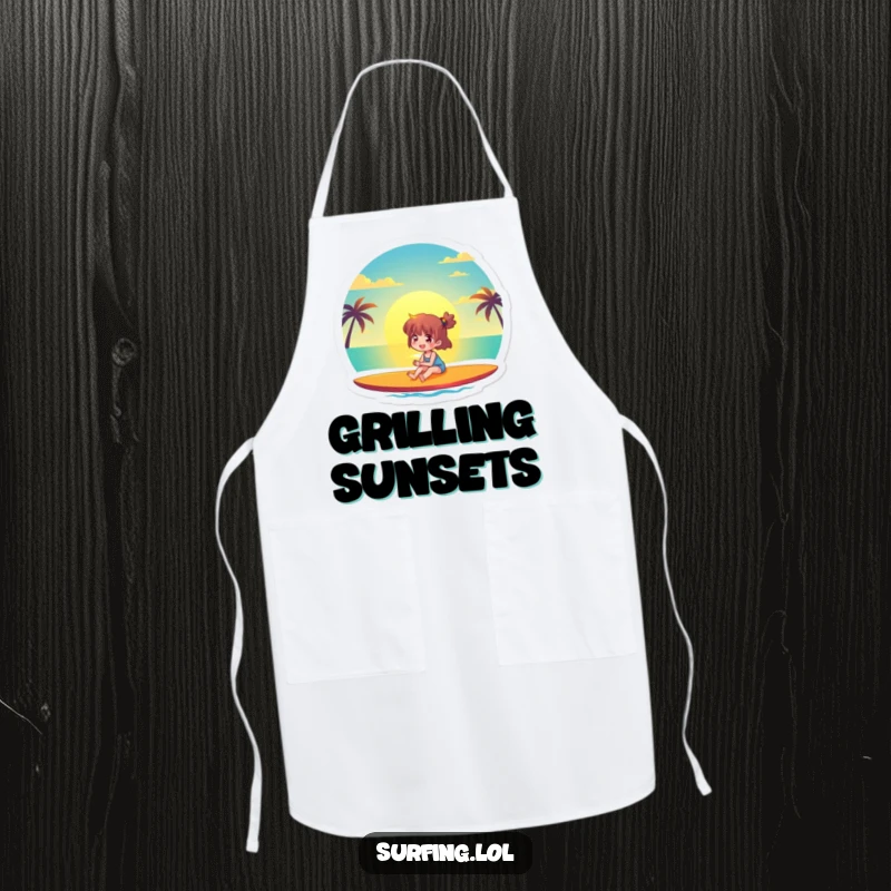 Funny apron showing a joyful character watching a beautiful sunset from a surfboard, ideal for kitchen relaxation and beachy vibes.