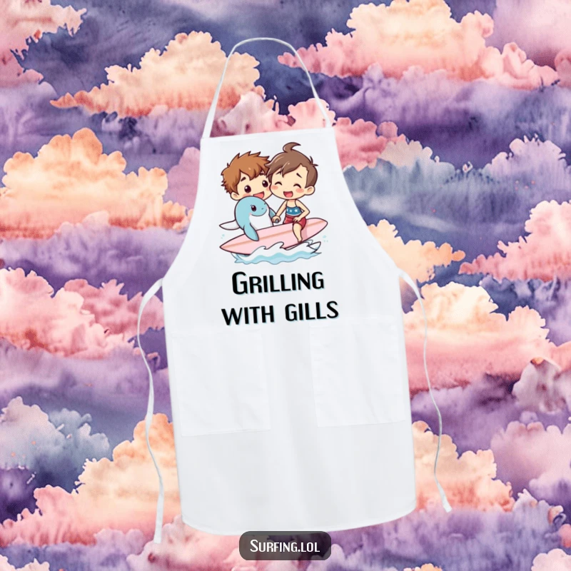Funny apron depicting an enthusiastic person teaching a sea creature to surf, ideal for kitchen fun and bringing ocean vibes to cooking.