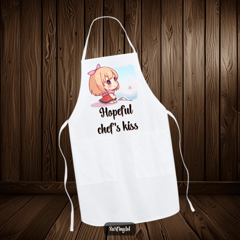 Funny apron with a character looking at a distant shore with hope, inspiring culinary dreams and kitchen adventures.