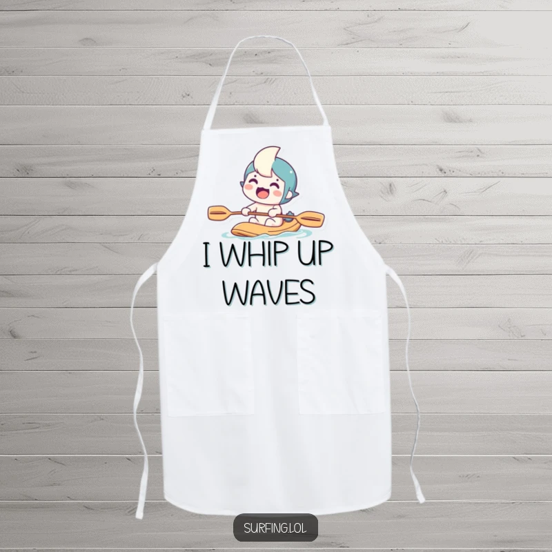 Funny apron featuring a character paddling with a determined grin, ready for kitchen adventures, a humorous cooking accessory.