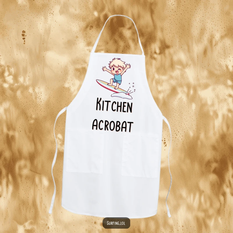 Funny Apron: Character precariously wobbling on a surfboard, arms flailing wildly, adding humor to kitchen tasks.