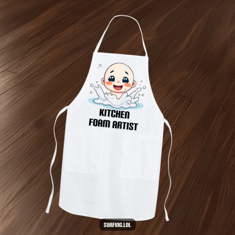 Funny apron depicting a chef character playfully splashing in ocean foam with a happy smile, combining kitchen fun with beachy vibes.