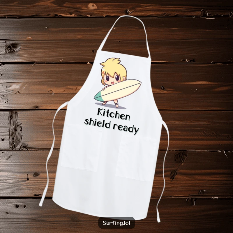 Funny cute character holding a surfboard like a shield on an apron, ready for kitchen battles, a funny gift.