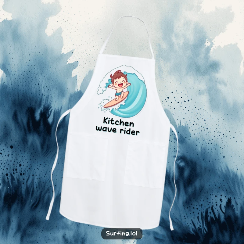 Funny Surfing Character Apron: Character gleefully surfing a giant wave with a huge smile, perfect funny gift.