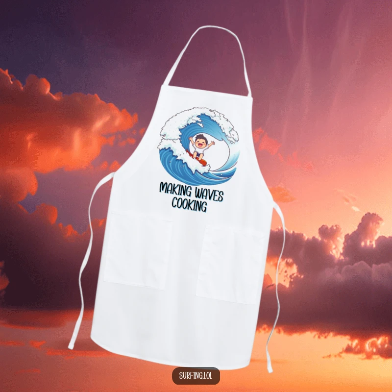 Funny Wave Rider Apron: A gleeful character rides a massive wave, arms outstretched, ready for kitchen adventures.