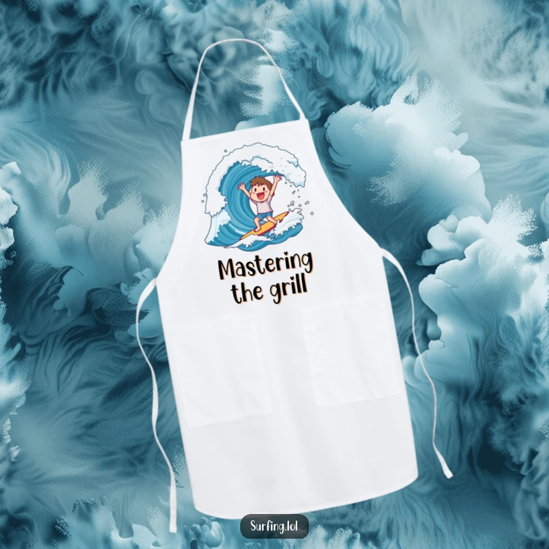 Funny apron depicting a character cheering after conquering a huge wave, perfect for beach-themed cooking.