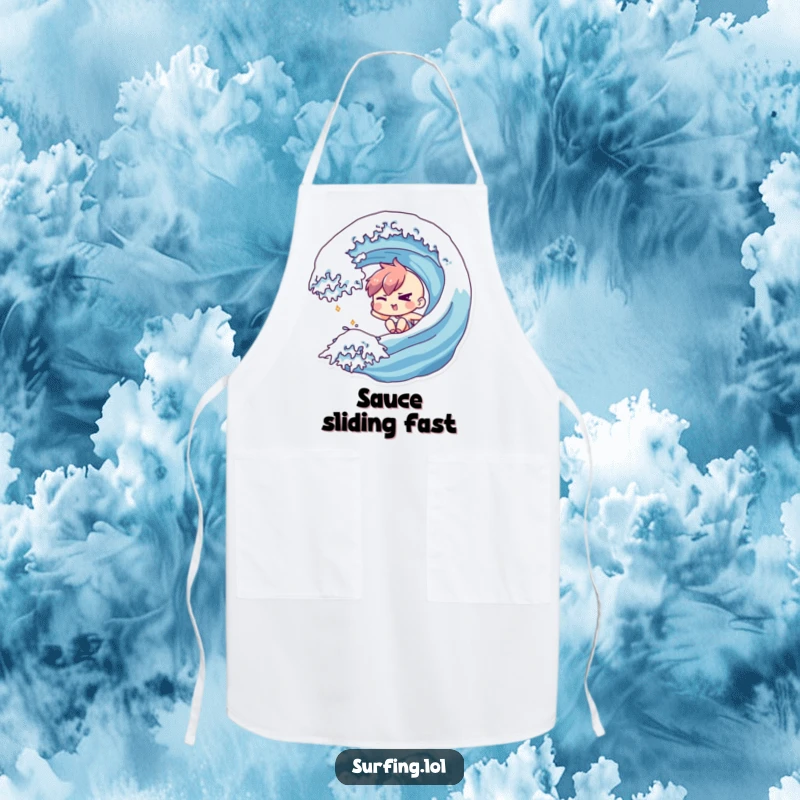 Funny apron depicting a character winking mischievously while sliding down a wave, ideal for kitchen adventures with a cheeky twist.