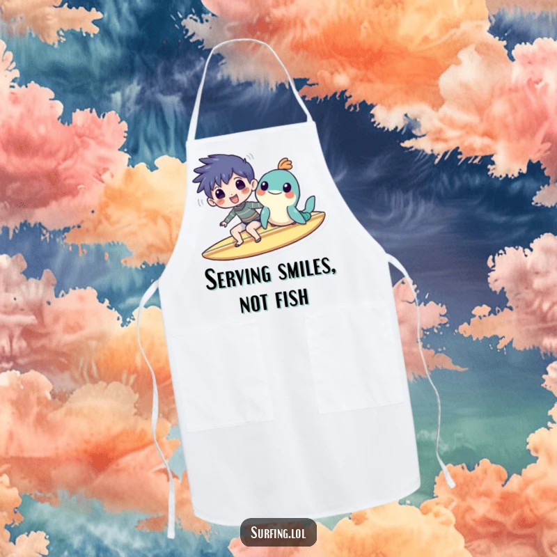 Funny apron showing a character and sea creature sharing a surfboard, ready for kitchen adventures with a humorous twist.