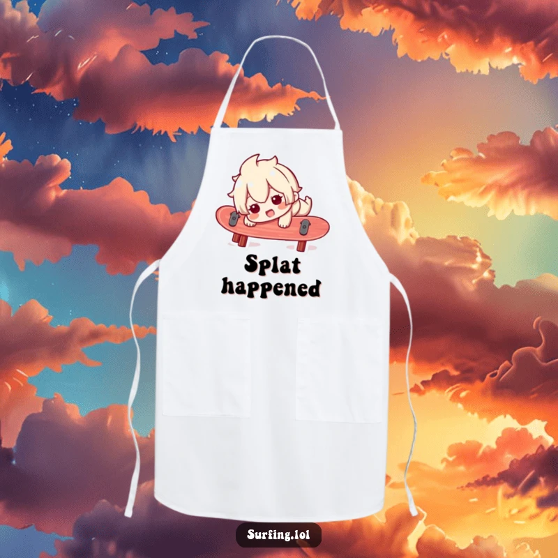 Funny apron showing a character comically losing balance on a surfboard, ready for kitchen adventures with a happy, surprised expression.