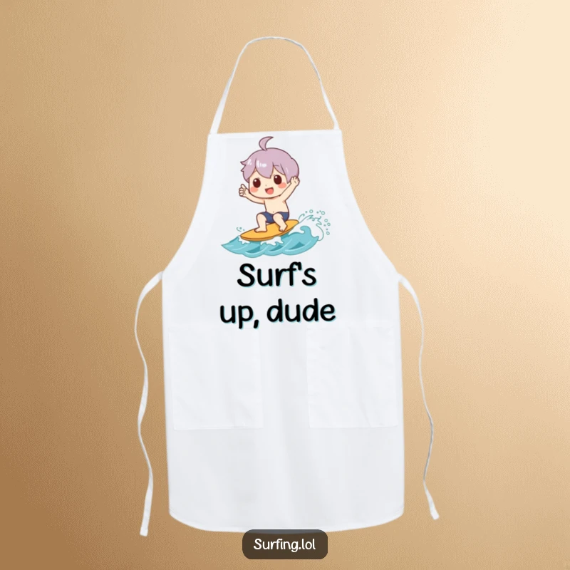Funny apron print of a character joyfully giving a shaka sign while riding a small wave, ideal for kitchen fun.