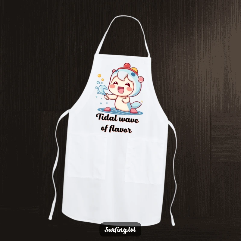 Funny apron with a kawaii character beaming with a wide smile while catching colorful sea spray, radiating pure happiness.