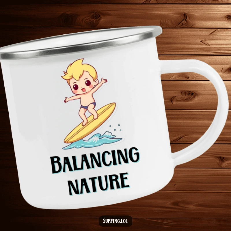 Funny camping mug of a surfer perfectly balancing on a surfboard, doing a little shimmy, for outdoor enthusiasts.