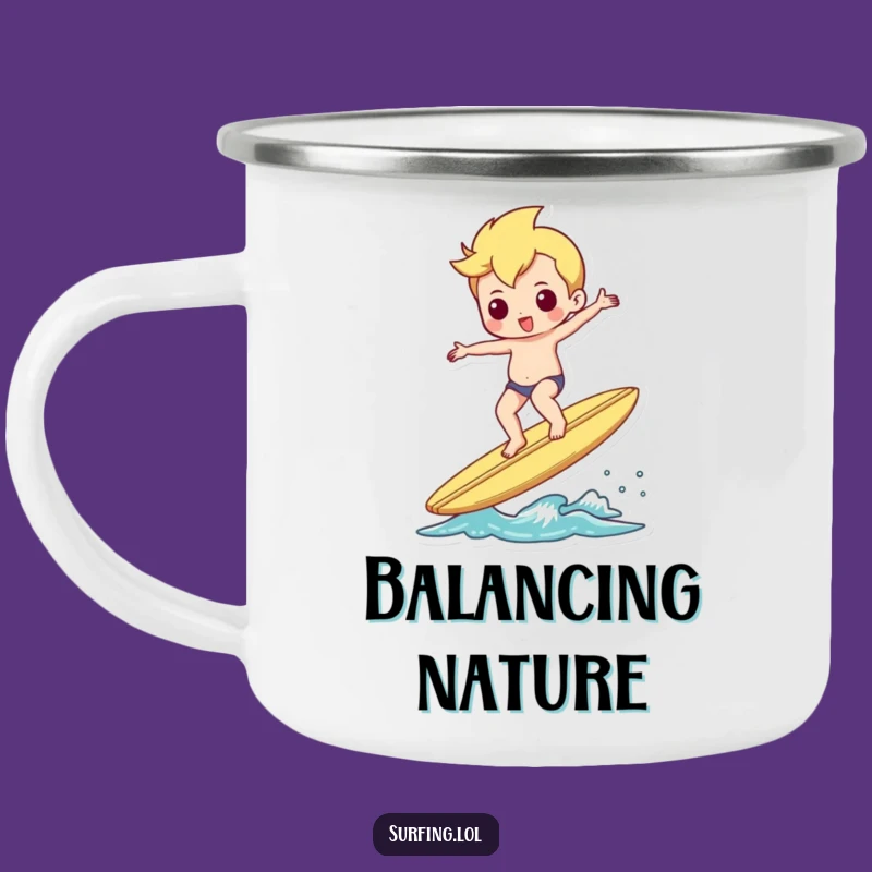 Funny Shimmy Surfer Camper Mug, Balanced Character Cup, Outdoor Gift