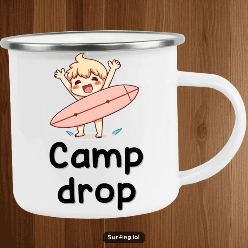 Funny camping mug: A character happily flailing arms after clumsily dropping a surfboard, ready for outdoor beach fun.