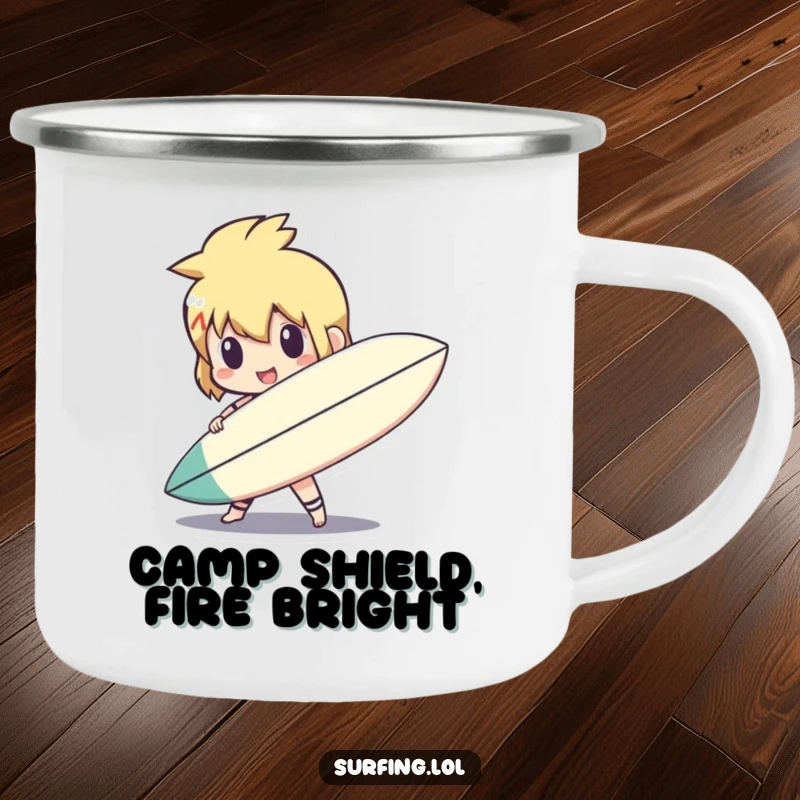 Funny cute character holding a surfboard like a shield on a camping mug, ready for outdoor action, a funny gift.